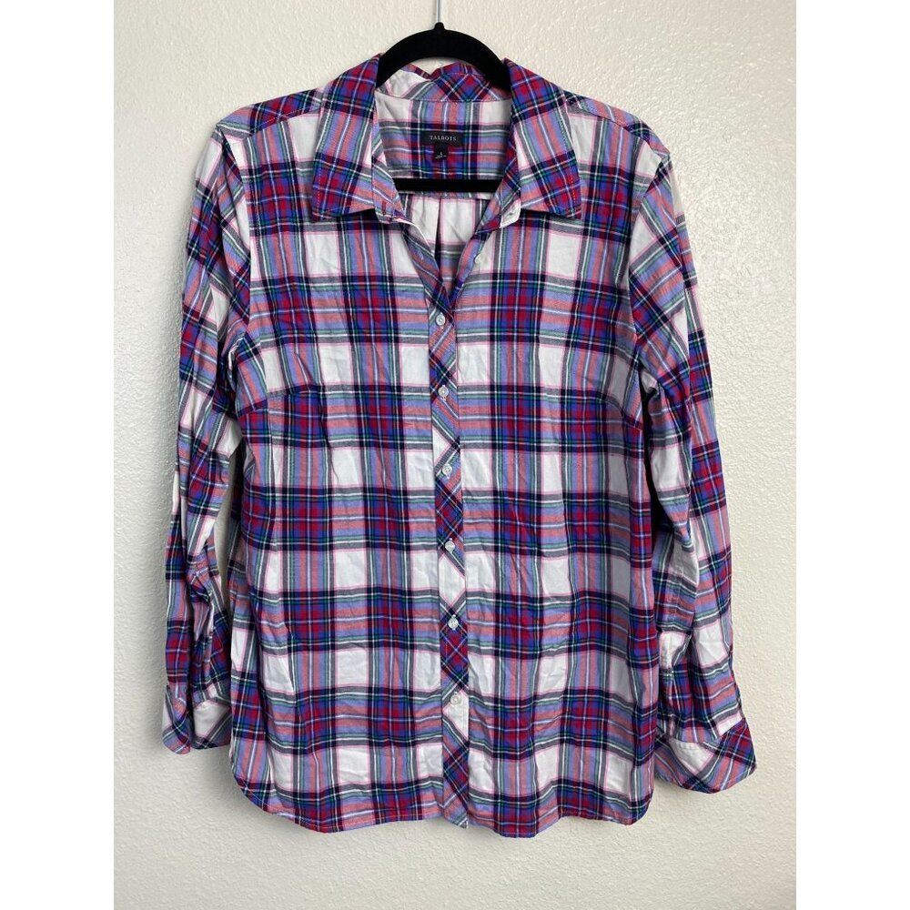 Talbots Plaid Button up Shirt Womens size Large Plaid Purple Long Sleeve Cotton